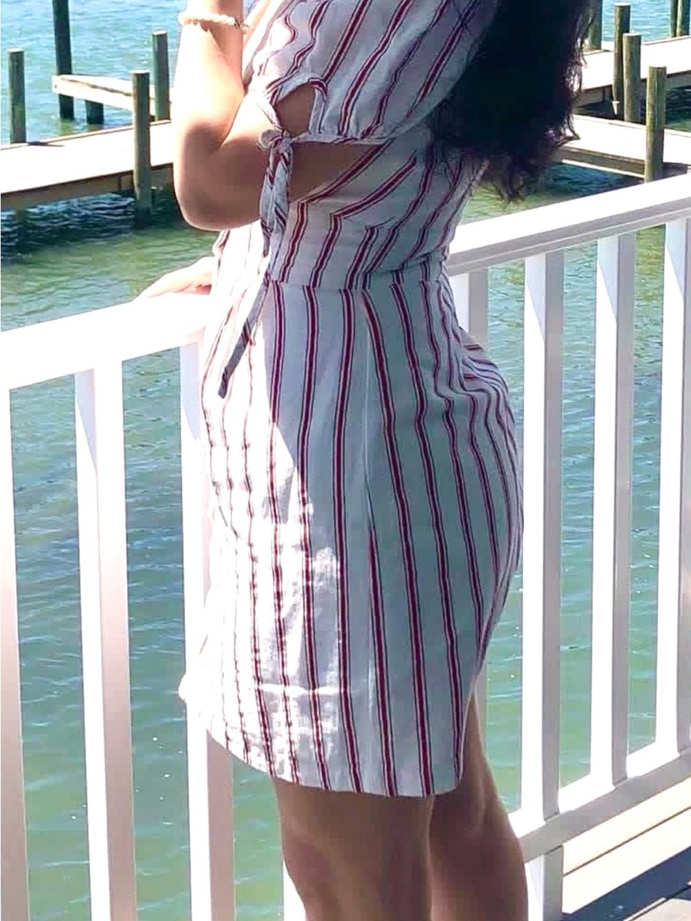 White & Red Striped Button-Front V-Neck Linen Cotton Blend Dress